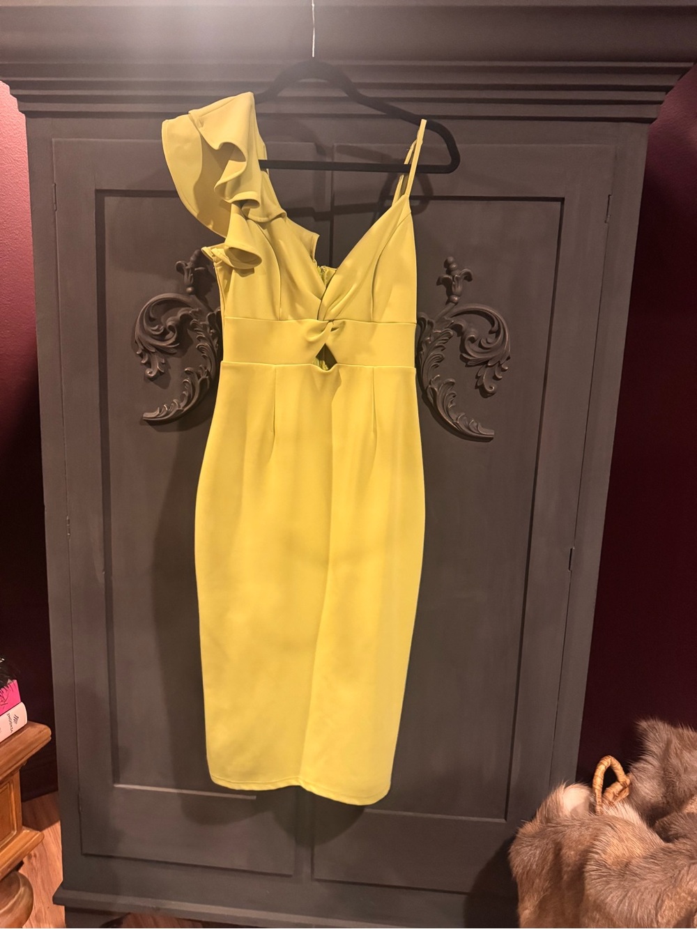 Yellow One-Shoulder Ruffle Midi Dress with Cutout